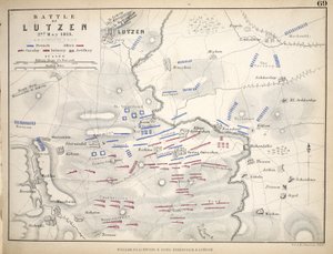 Mapa bitwy pod Lutzen, opublikowana przez Williama Blackwooda i Synów, Edynburg i Londyn, 1848 (rycina ręcznie kolorowana)